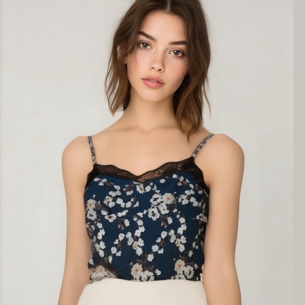 American Eagle Outfitters 100% Silk Cami Top Tank Sz 0‎ Babydoll Dark Floral Y2K